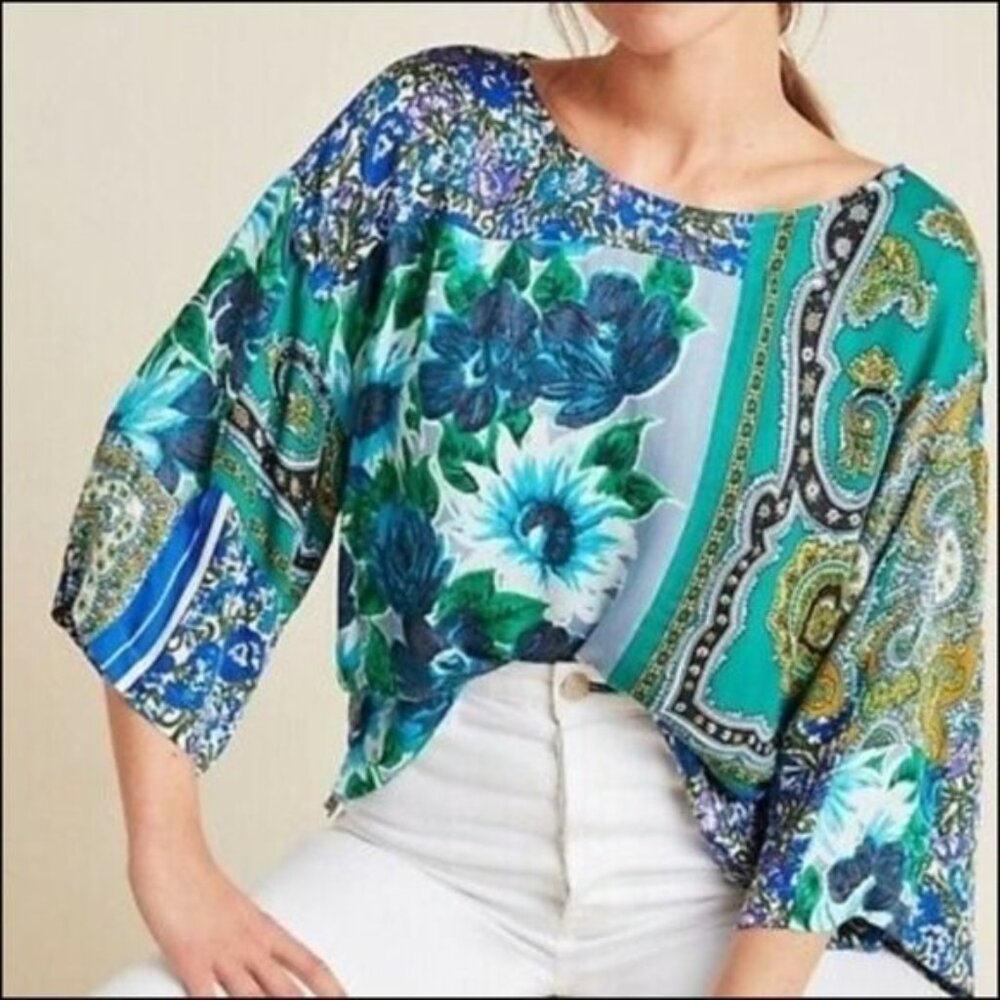 Tiny Anthropologie Blue Green Paisley Floral Ellery Top, Size XS